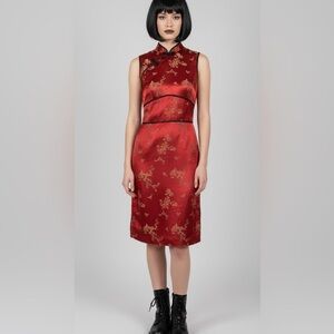 CDC 90s  Red Floral Sleeveless Dress With Mandarin Collar